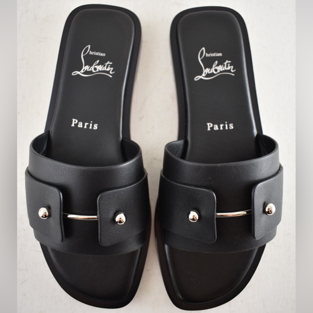 Christian Louboutin Chambelimule Donna Flat Black Calf Leather Slide Sandal 35 - Picture 11 of 15